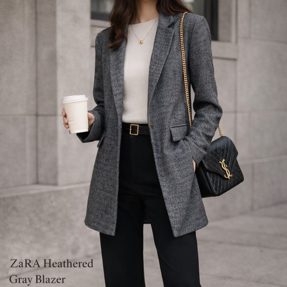 Zara Gray Herringbone Blazer Edgy Chic Oversized Look Model Off Duty Sz M